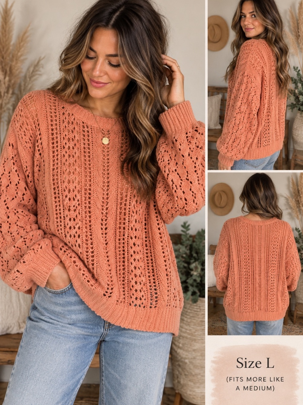 LuLaRoe Open-Knit Scoop Crewneck Sweater - Coral Orange Boho Size L